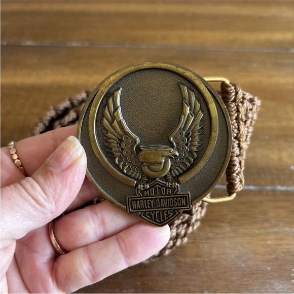 Harley Davidson Parts Eagle Emblem Belt Buckle Vtg 70s Jostens Macrame Belt - Picture 2 of 8